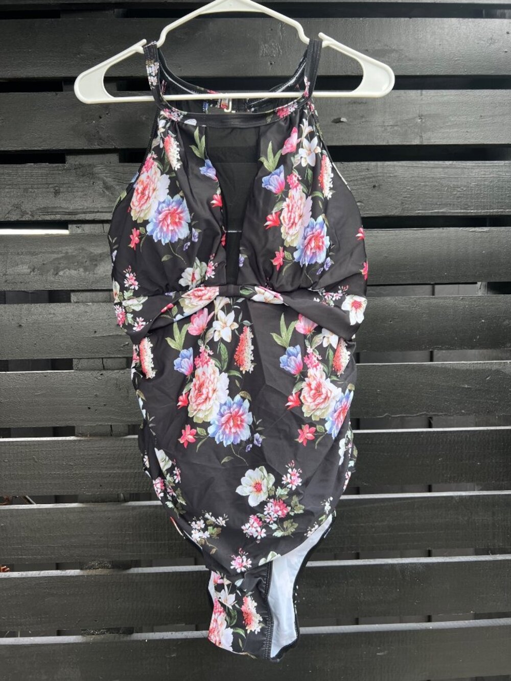 NWT Women’s Black Floral One Piece Swimsuit Mesh Chest Panel See Through Detail